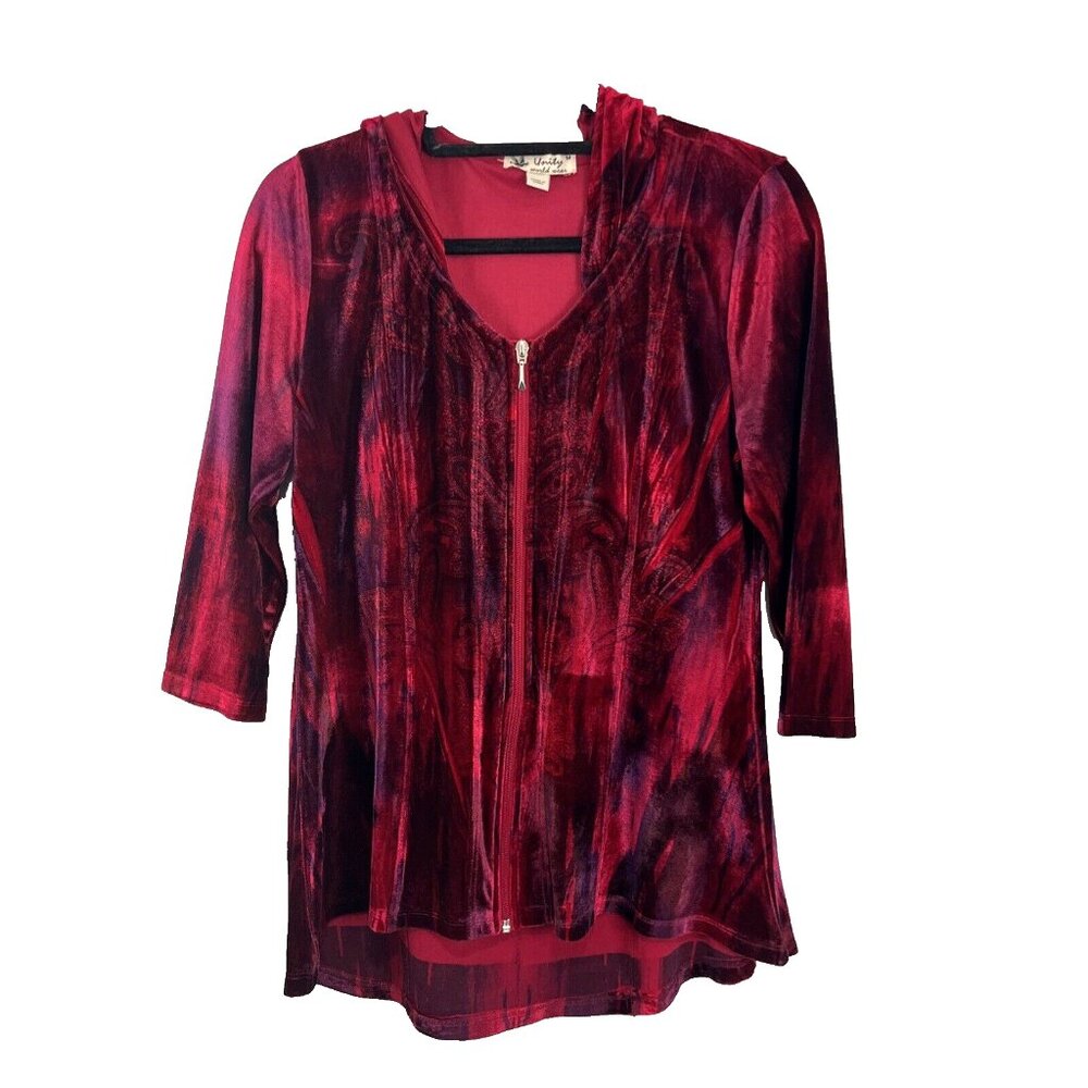 Unity World Wear Red and Black Paisley Patterned Velvet Cardigan Womens Size M